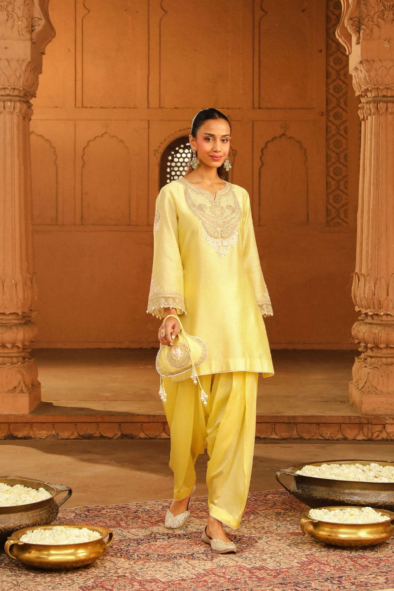 Ashira Short kurta with salwar-Lemon Yellow silk by SHEETAL BATRA in yellow color for women in Singapore