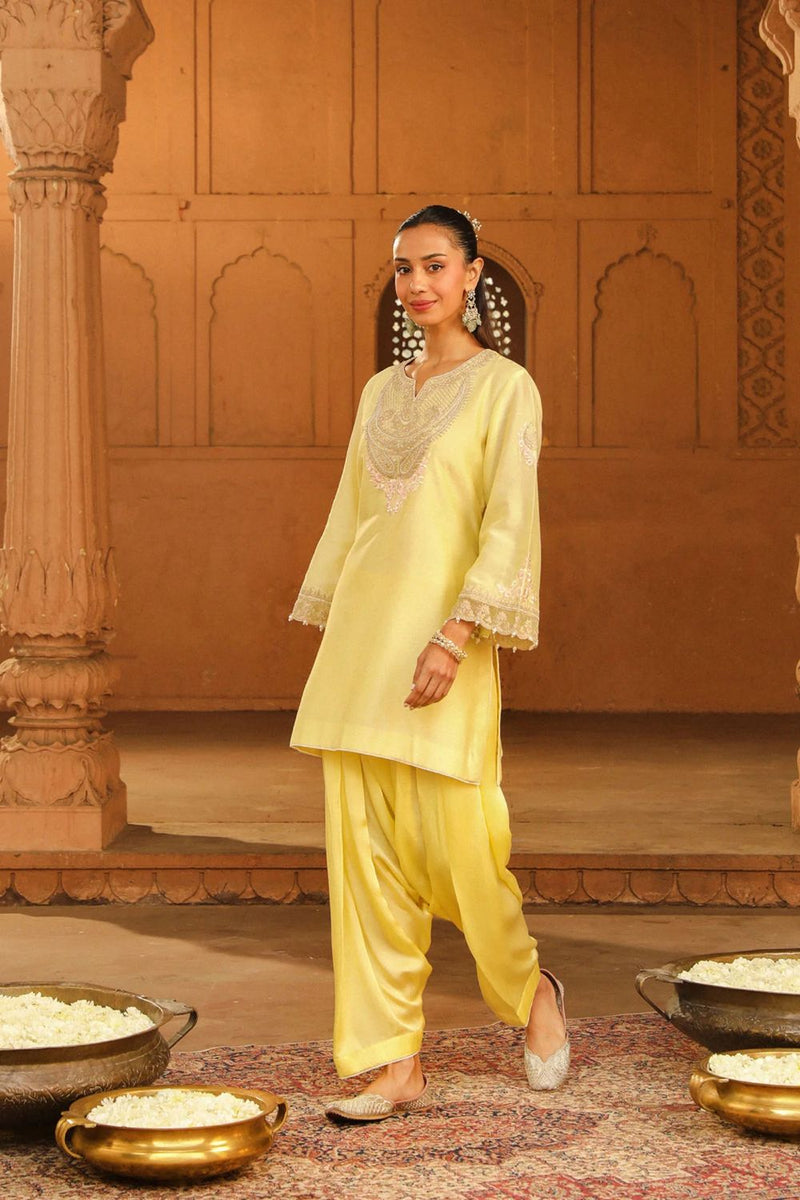 Ashira Short kurta with salwar-Lemon Yellow silk by SHEETAL BATRA in yellow color for women in Singapore