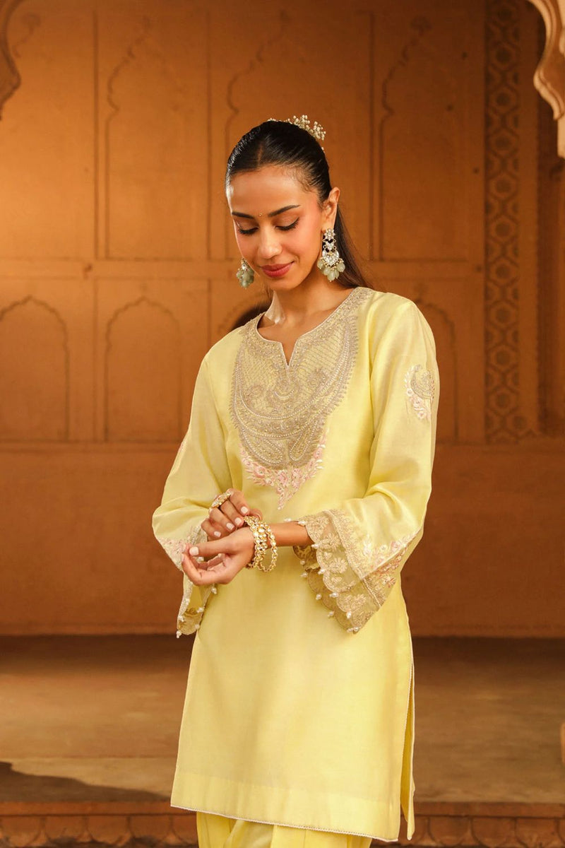 Ashira Short kurta with salwar-Lemon Yellow silk by SHEETAL BATRA in yellow color for women in Singapore
