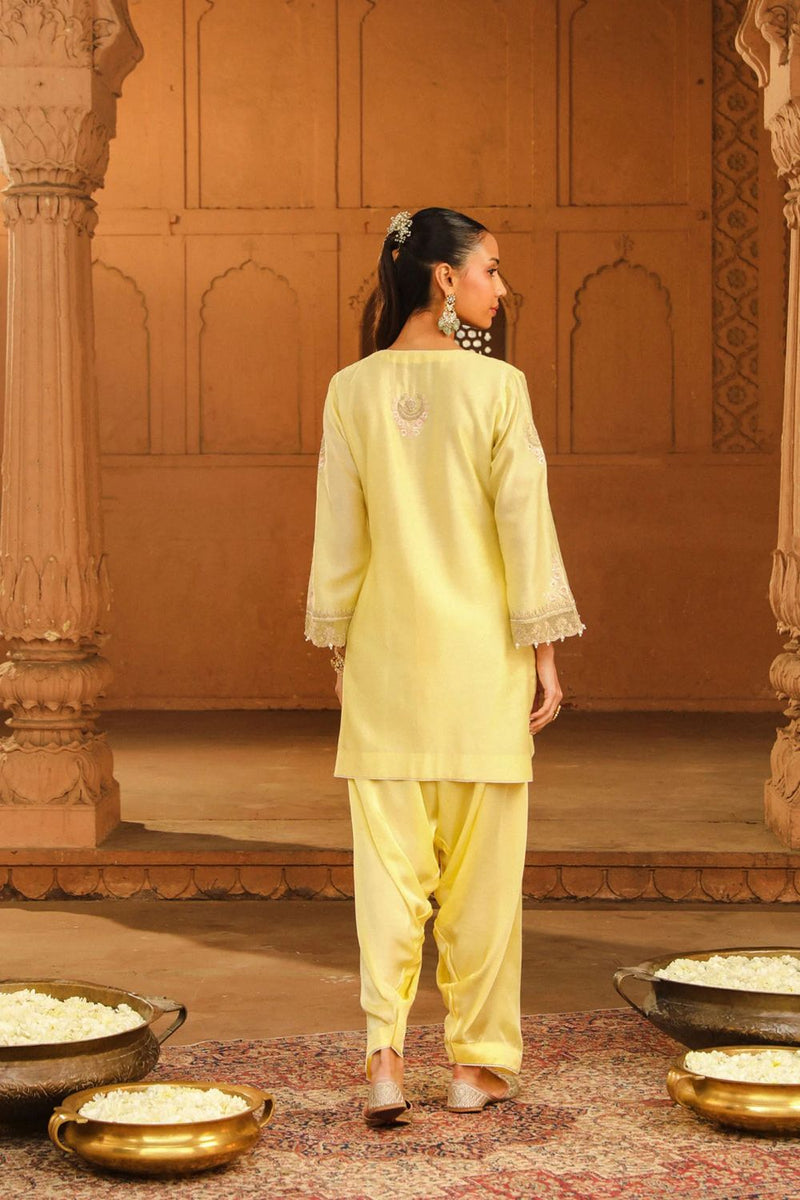 Ashira Short kurta with salwar-Lemon Yellow silk by SHEETAL BATRA in yellow color for women in Singapore