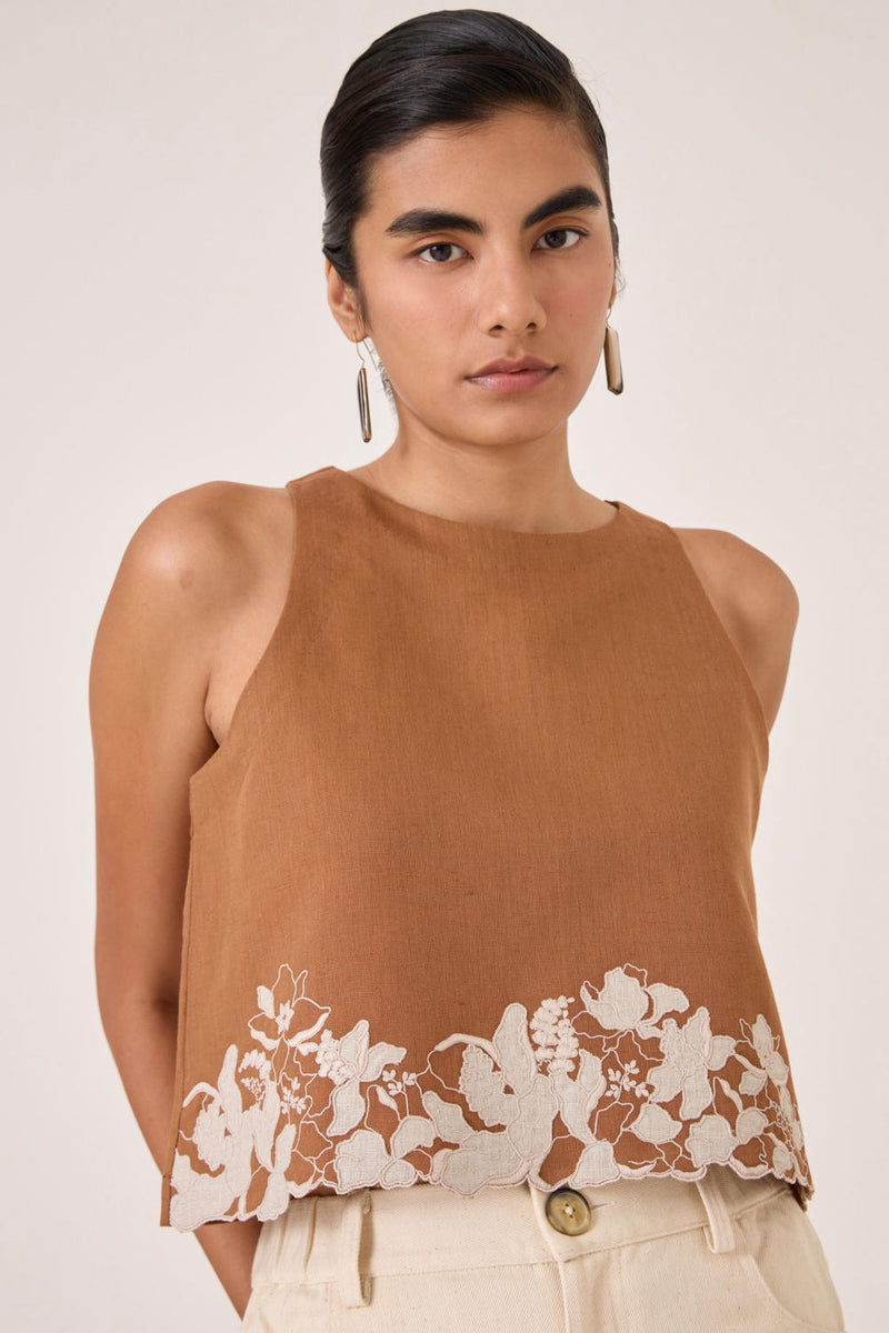 Asiri Brown Embroidered Top cotton by The Summer House in brown color for women in Singapore