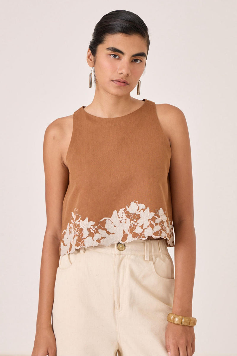 Asiri Brown Embroidered Top cotton by The Summer House in brown color for women in Singapore