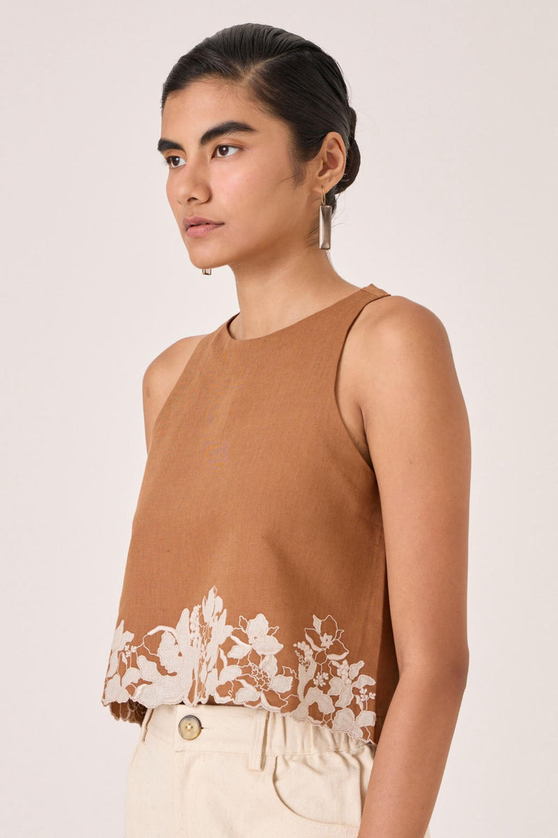 Asiri Brown Embroidered Top cotton by The Summer House in brown color for women in Singapore