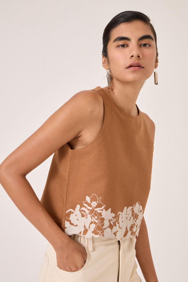 Asiri Brown Embroidered Top cotton by The Summer House in brown color for women in Singapore