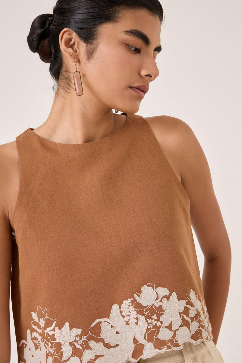 Asiri Brown Embroidered Top cotton by The Summer House in brown color for women in Singapore