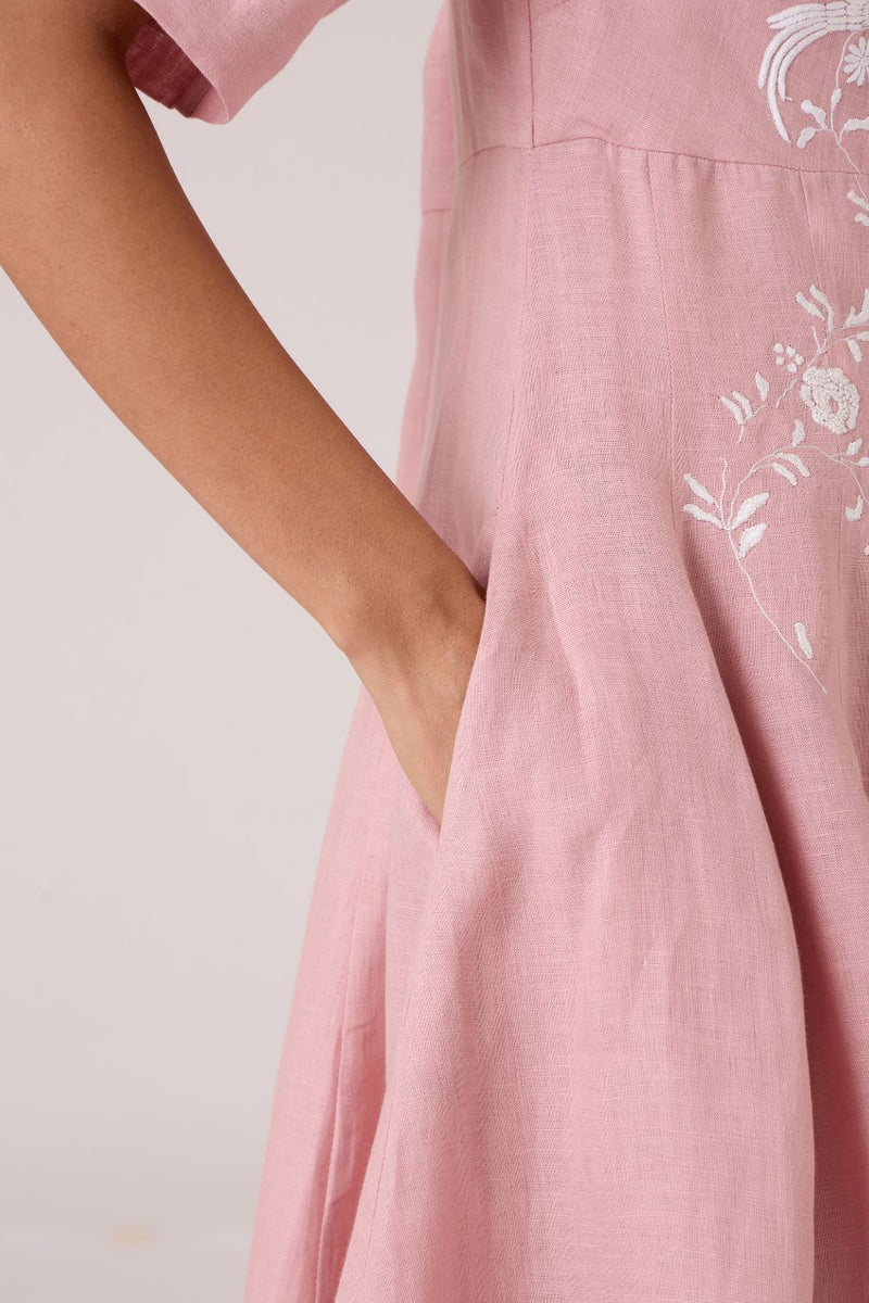 Astral Rose Linen Dress linen by The Summer House in pink color for women in Singapore