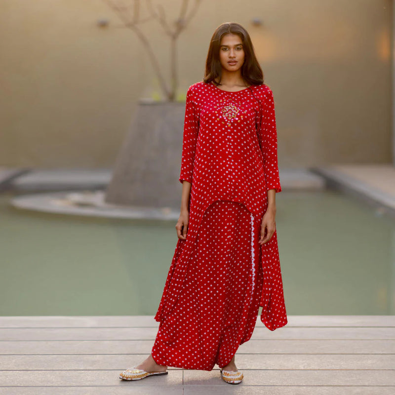 ASYMMETRICAL OVERLAP DHOTI SET-red silk by Dyelogue in red color for women in Singapore