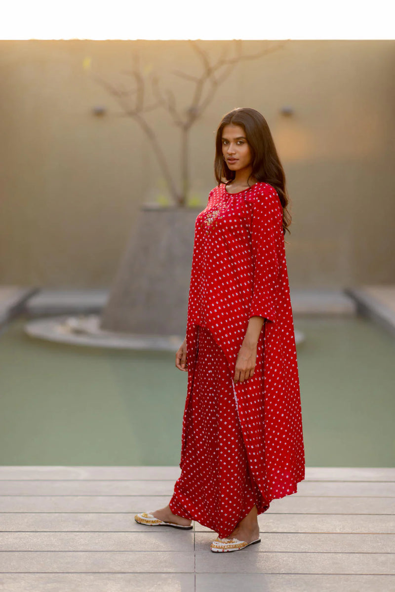 ASYMMETRICAL OVERLAP DHOTI SET-red silk by Dyelogue in red color for women in Singapore