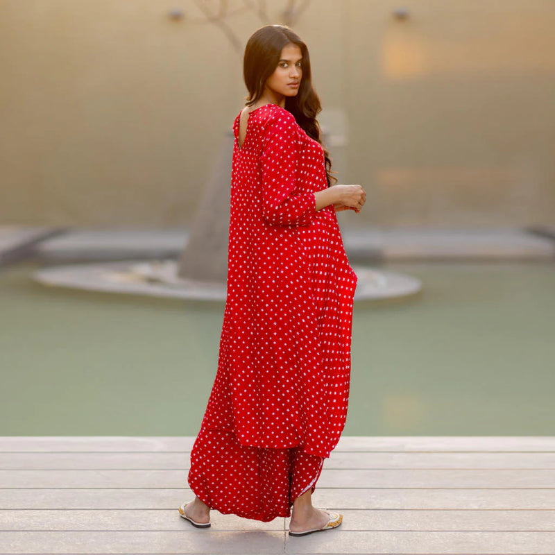 ASYMMETRICAL OVERLAP DHOTI SET-red silk by Dyelogue in red color for women in Singapore