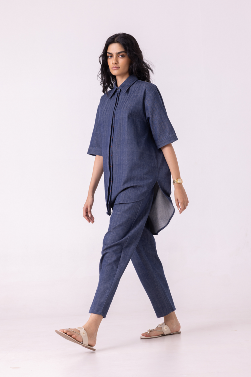 Ava Blue Handwoven Denim Shirt cotton by The Summer House in blue color for women in Singapore