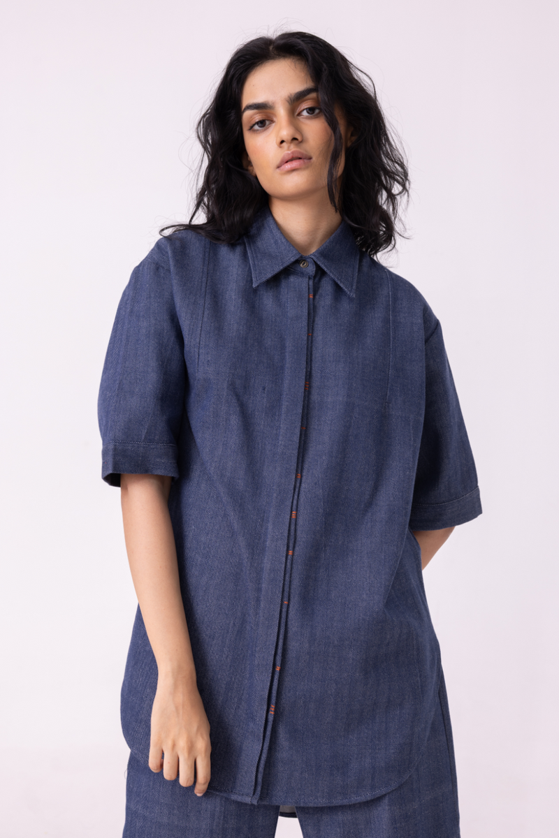 Ava Blue Handwoven Denim Shirt cotton by The Summer House in blue color for women in Singapore