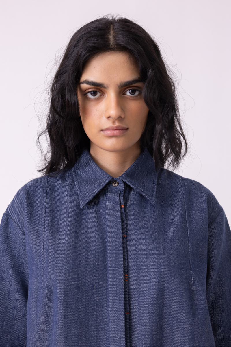 Ava Blue Handwoven Denim Shirt cotton by The Summer House in blue color for women in Singapore