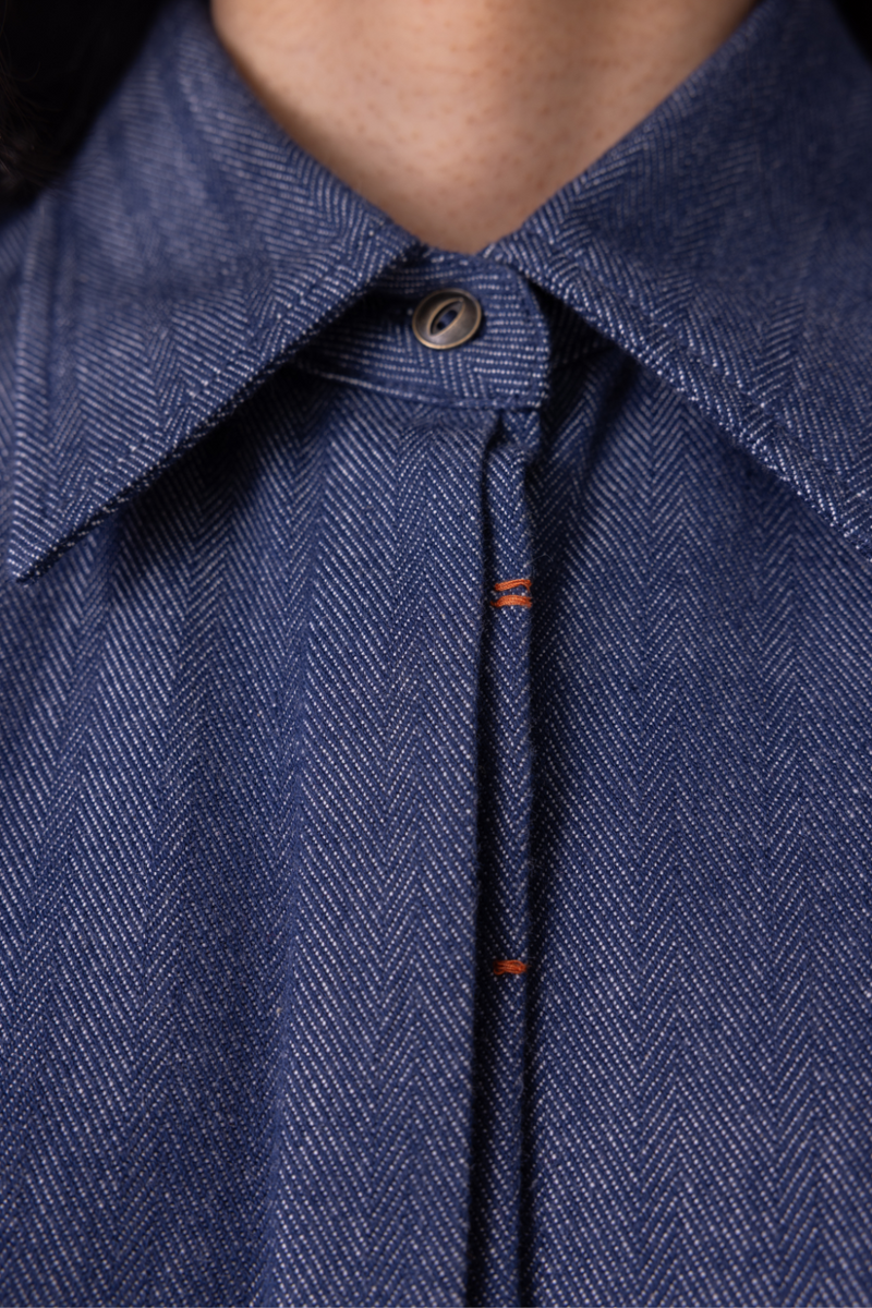 Ava Blue Handwoven Denim Shirt cotton by The Summer House in blue color for women in Singapore