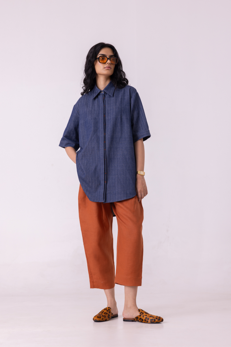 Ava Blue Handwoven Denim Shirt cotton by The Summer House in blue color for women in Singapore