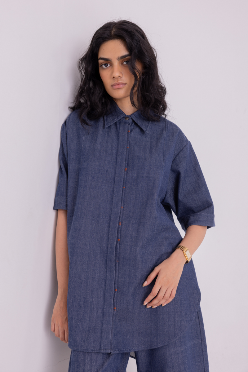 Ava Blue Handwoven Denim Shirt cotton by The Summer House in blue color for women in Singapore