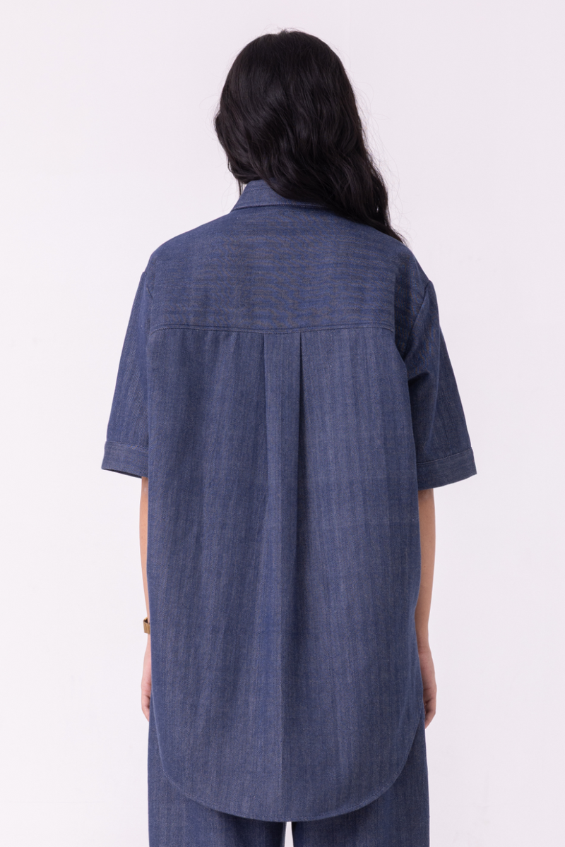 Ava Blue Handwoven Denim Shirt cotton by The Summer House in blue color for women in Singapore