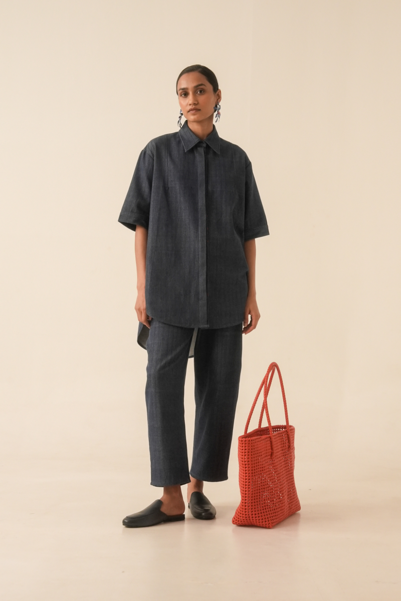 Ava Blue Handwoven Denim Shirt cotton by The Summer House in blue color for women in Singapore