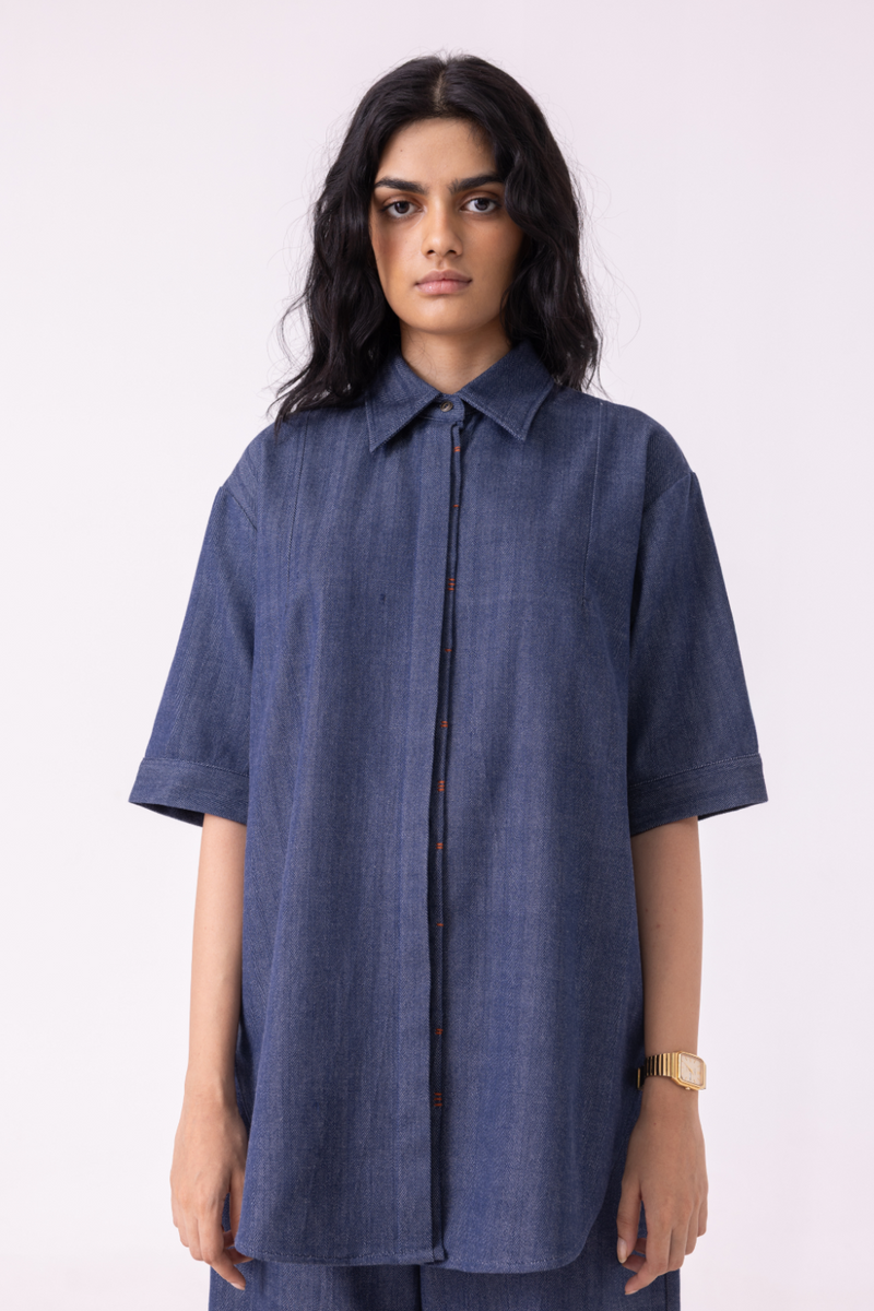 Ava Blue Handwoven Denim Shirt cotton by The Summer House in blue color for women in Singapore