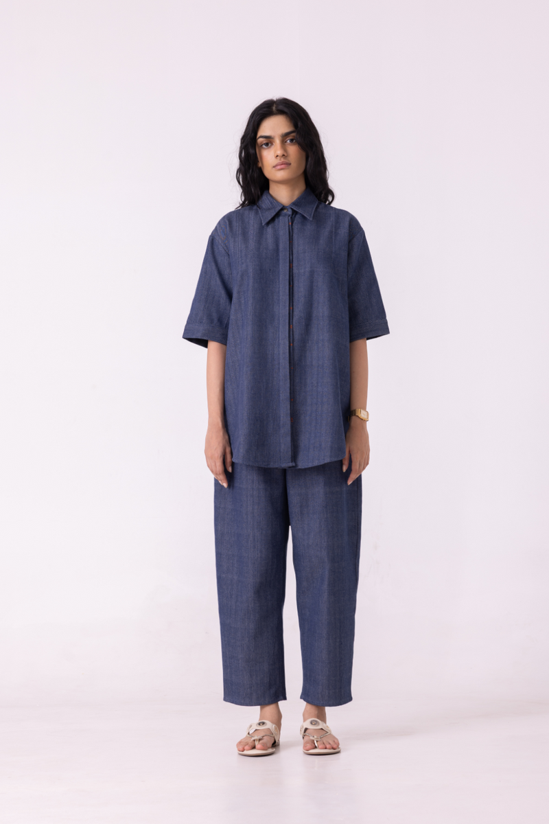 Ava Blue Handwoven Denim Shirt cotton by The Summer House in blue color for women in Singapore