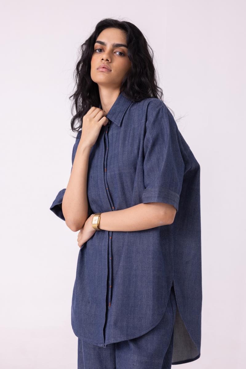 Ava Blue Handwoven Denim Shirt cotton by The Summer House in blue color for women in Singapore