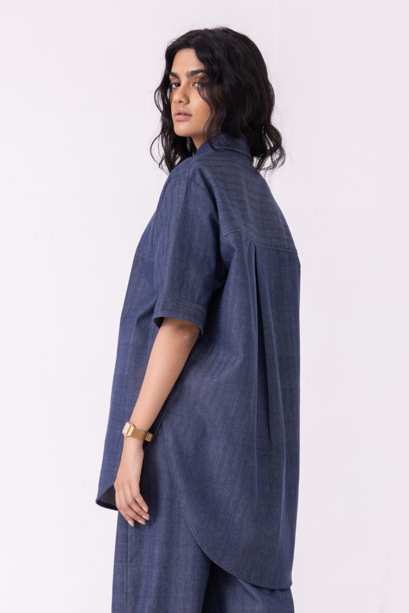 Ava Blue Handwoven Denim Shirt cotton by The Summer House in blue color for women in Singapore