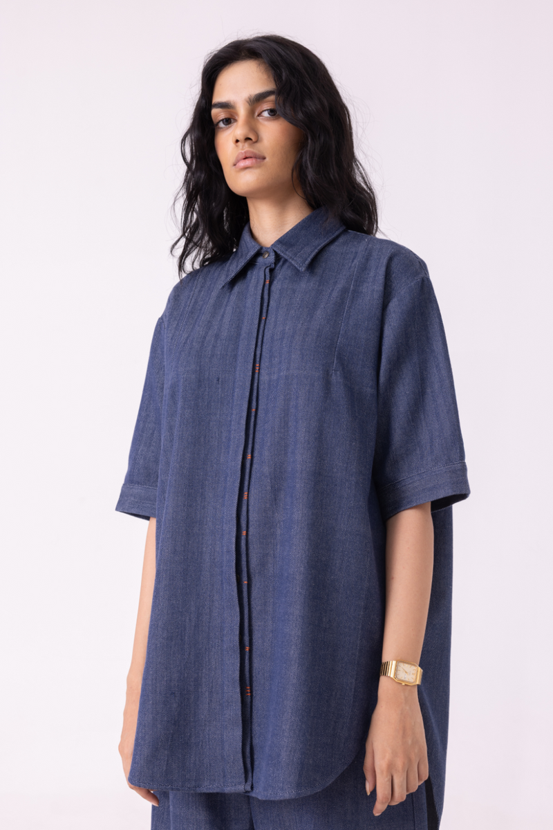 Ava Blue Handwoven Denim Shirt cotton by The Summer House in blue color for women in Singapore