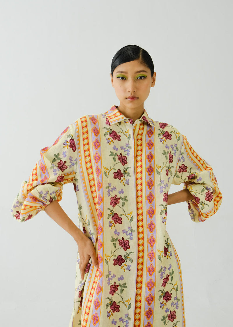 Ava Dress (full sleeve)-Folk Bloom linen by CORD for women in Singapore