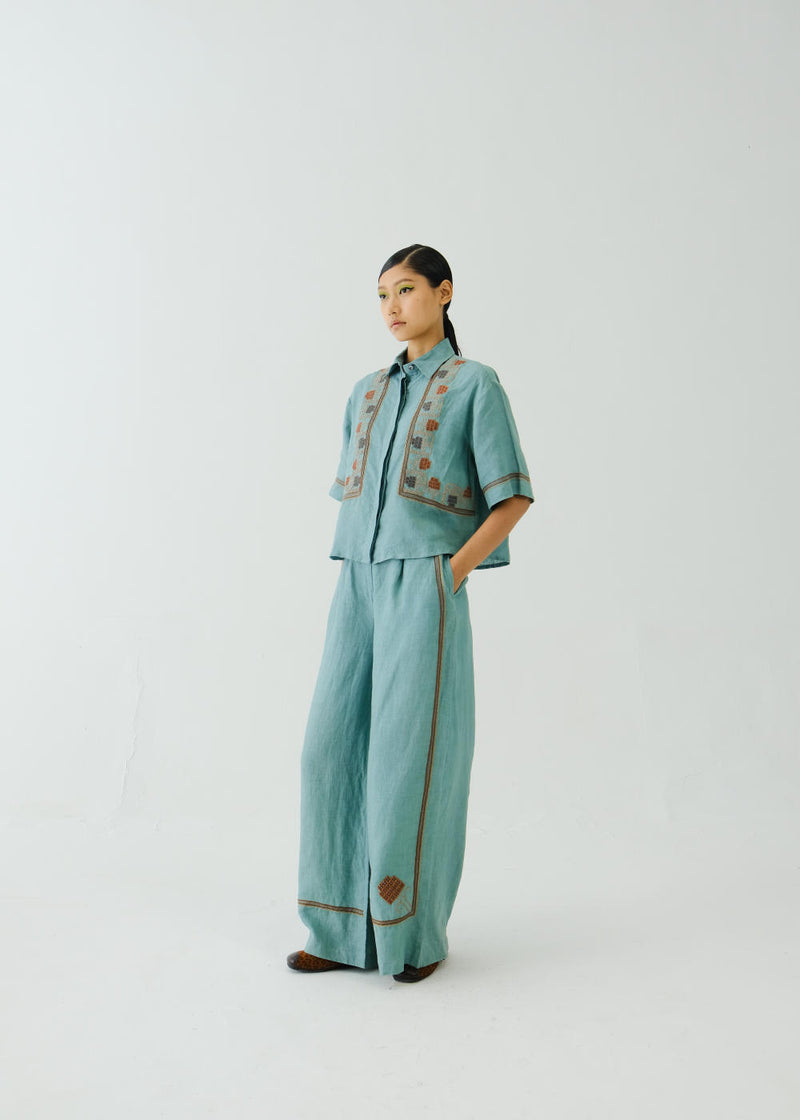 Ava Set -Pale Blue Cross Stitch Emb linen by CORD for women in Singapore