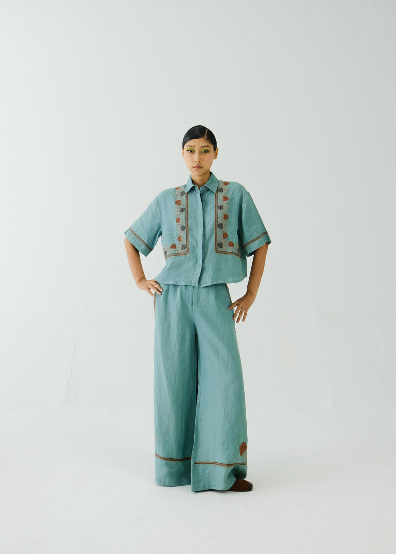 Ava Set -Pale Blue Cross Stitch Emb linen by CORD for women in Singapore