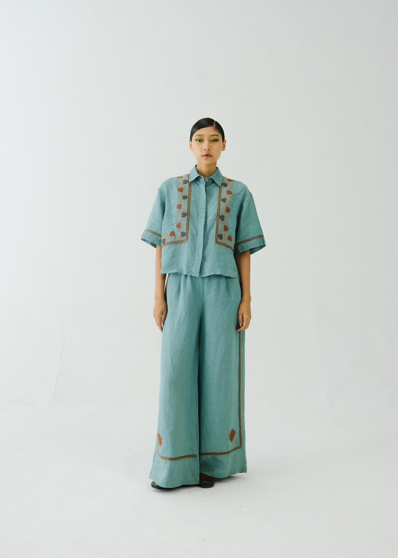 Ava Set -Pale Blue Cross Stitch Emb linen by CORD for women in Singapore