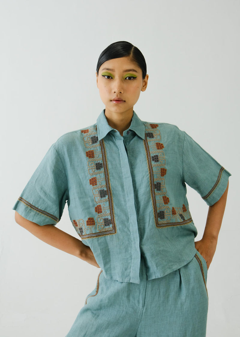 Ava Shirt-Pale Blue Cross Stitch Emb linen by CORD for women in Singapore