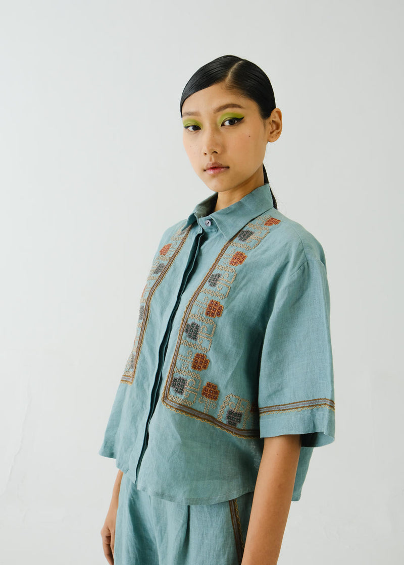 Ava Shirt-Pale Blue Cross Stitch Emb linen by CORD for women in Singapore