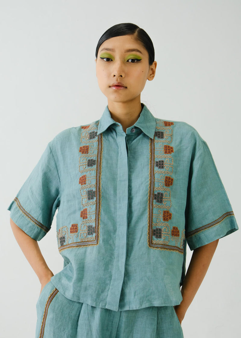 Ava Shirt-Pale Blue Cross Stitch Emb linen by CORD for women in Singapore