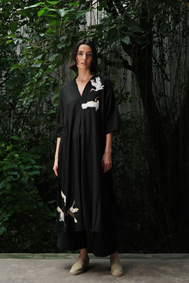 Avis' black kaftan dress muslin kurta/kurta set by Malika Mathur in black for women in Singapore