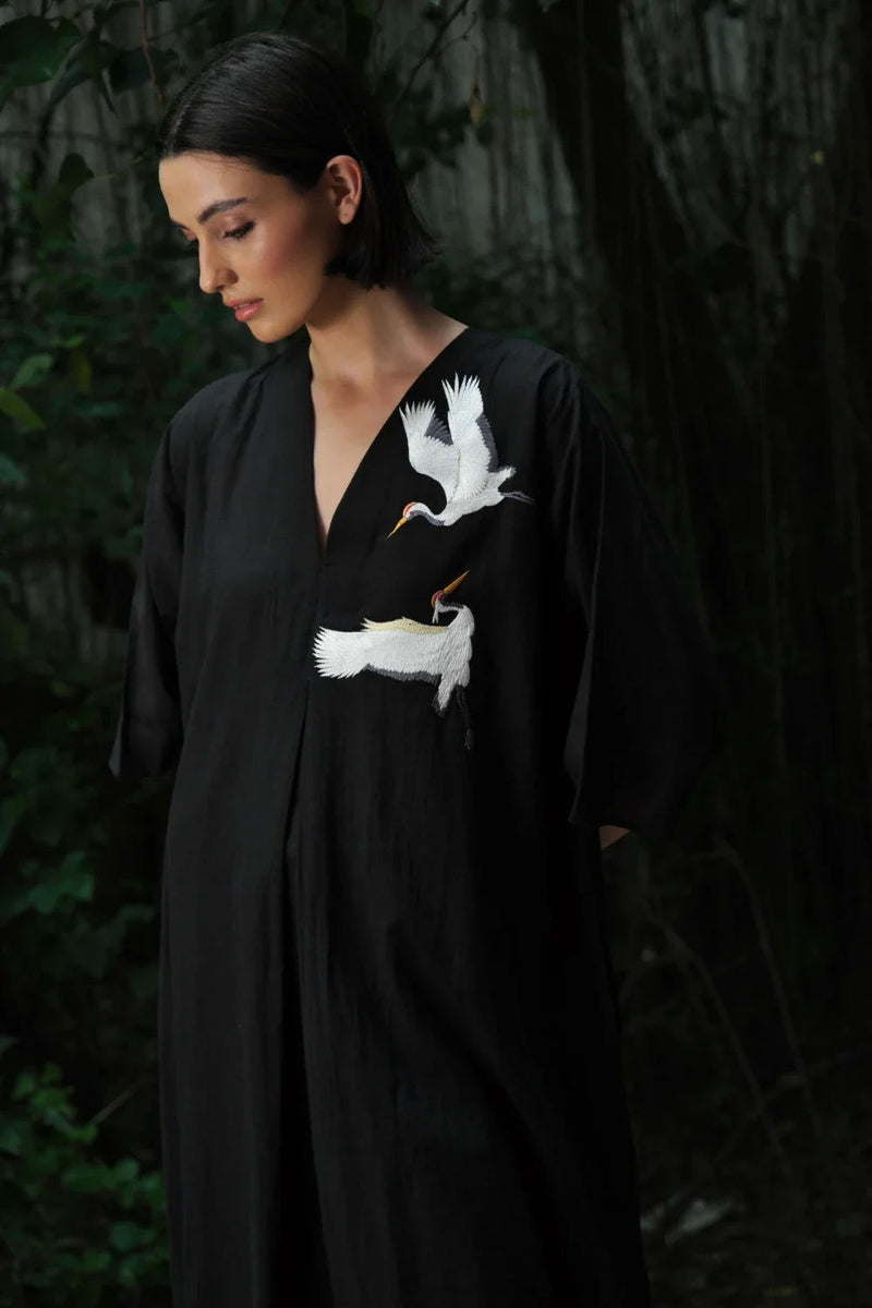 Avis' black kaftan dress muslin kurta/kurta set by Malika Mathur in black for women in Singapore