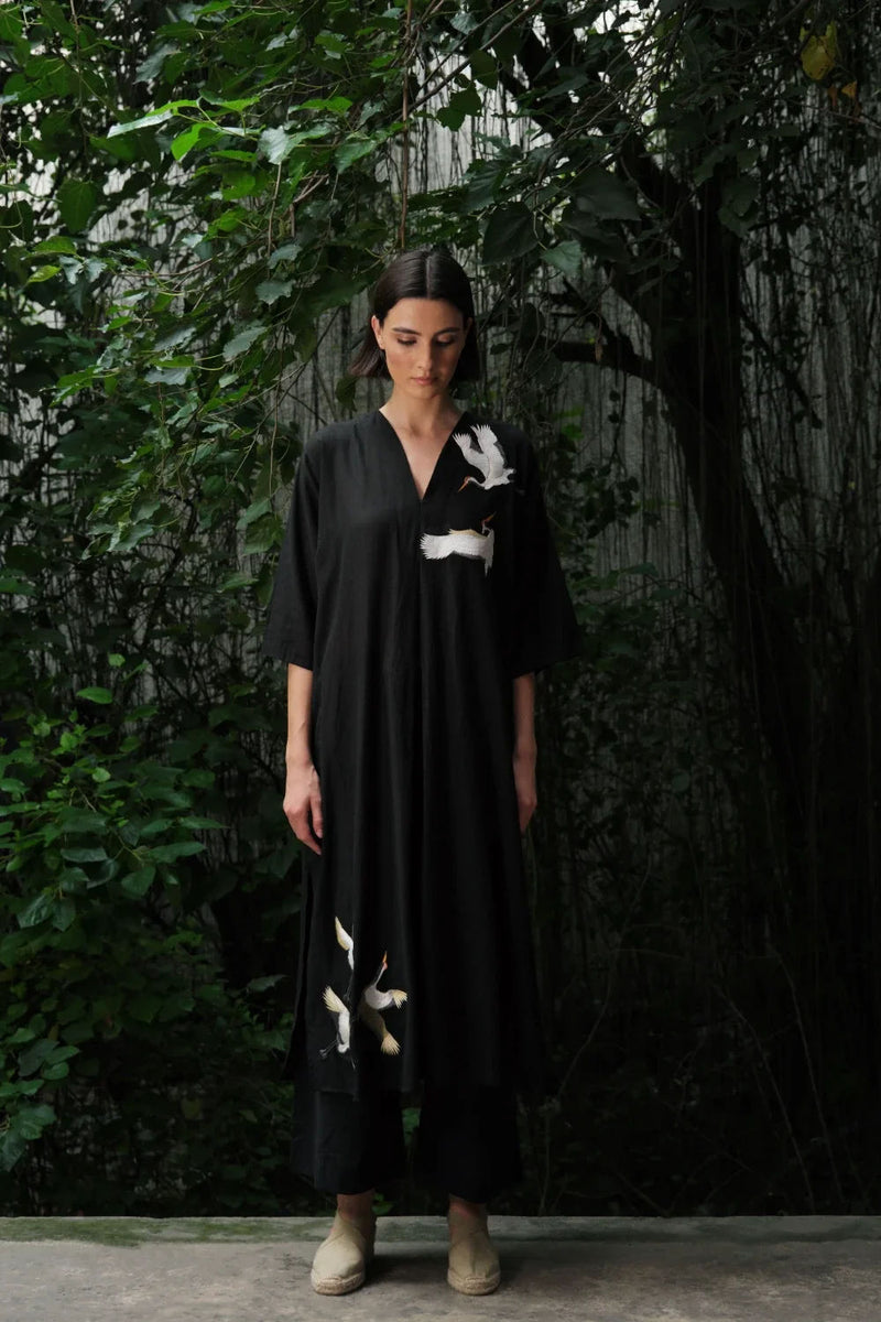 Avis' black kaftan dress muslin kurta/kurta set by Malika Mathur in black for women in Singapore