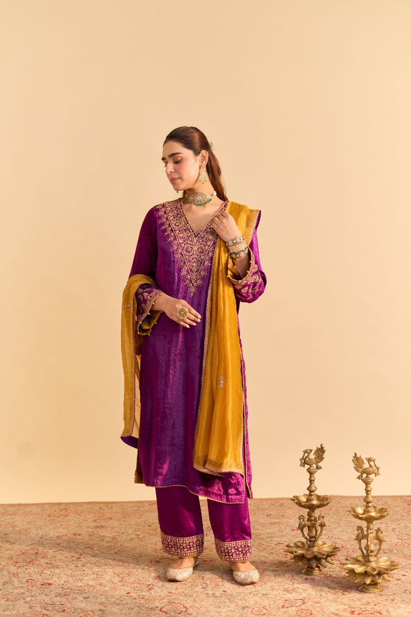 Aynaz - Deep Purple Kurta with Salwar and Dupatta by SHEETAL BATRA for women in Singapore