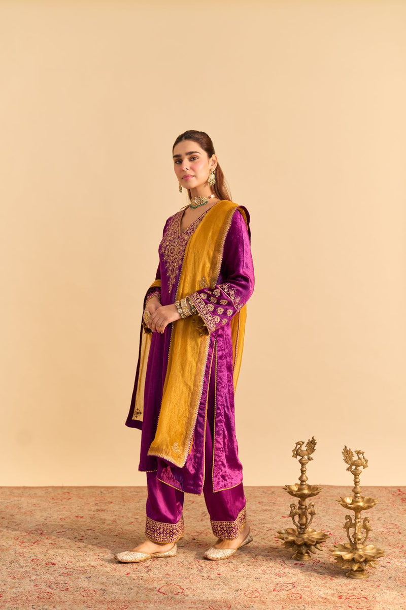 Aynaz - Deep Purple Kurta with Salwar and Dupatta by SHEETAL BATRA for women in Singapore