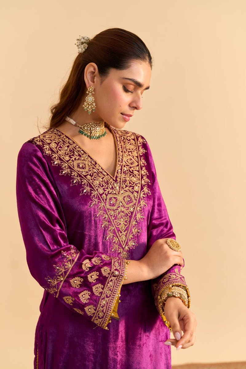 Aynaz - Deep Purple Kurta with Salwar and Dupatta by SHEETAL BATRA for women in Singapore