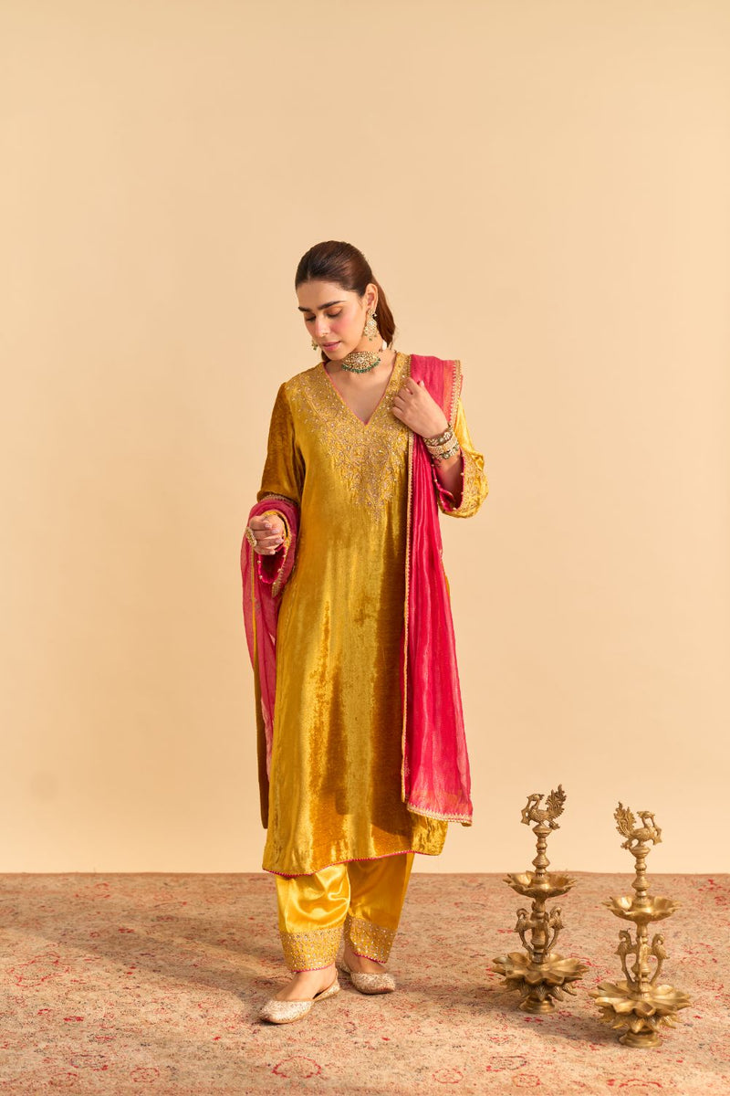 Aynaz - Mustard Kurta with Salwar and Dupatta by SHEETAL BATRA for women in Singapore