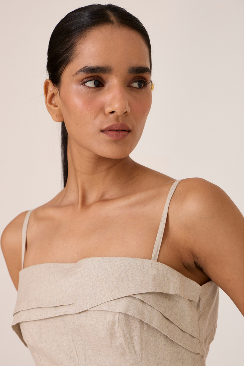 Azzah Beige Strappy Midi Dress linen by The Summer House for women in Singapore