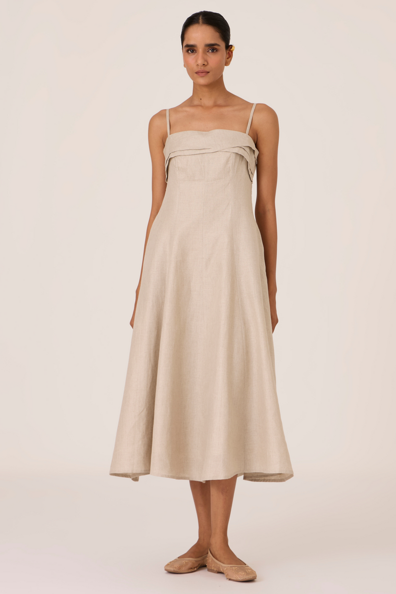 Azzah Beige Strappy Midi Dress linen by The Summer House for women in Singapore
