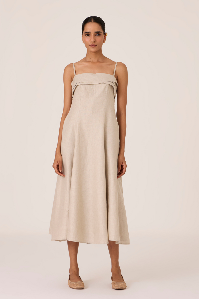 Azzah Beige Strappy Midi Dress linen by The Summer House for women in Singapore
