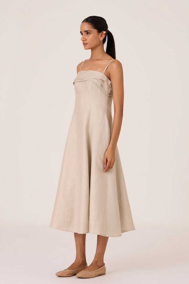 Azzah Beige Strappy Midi Dress linen by The Summer House for women in Singapore