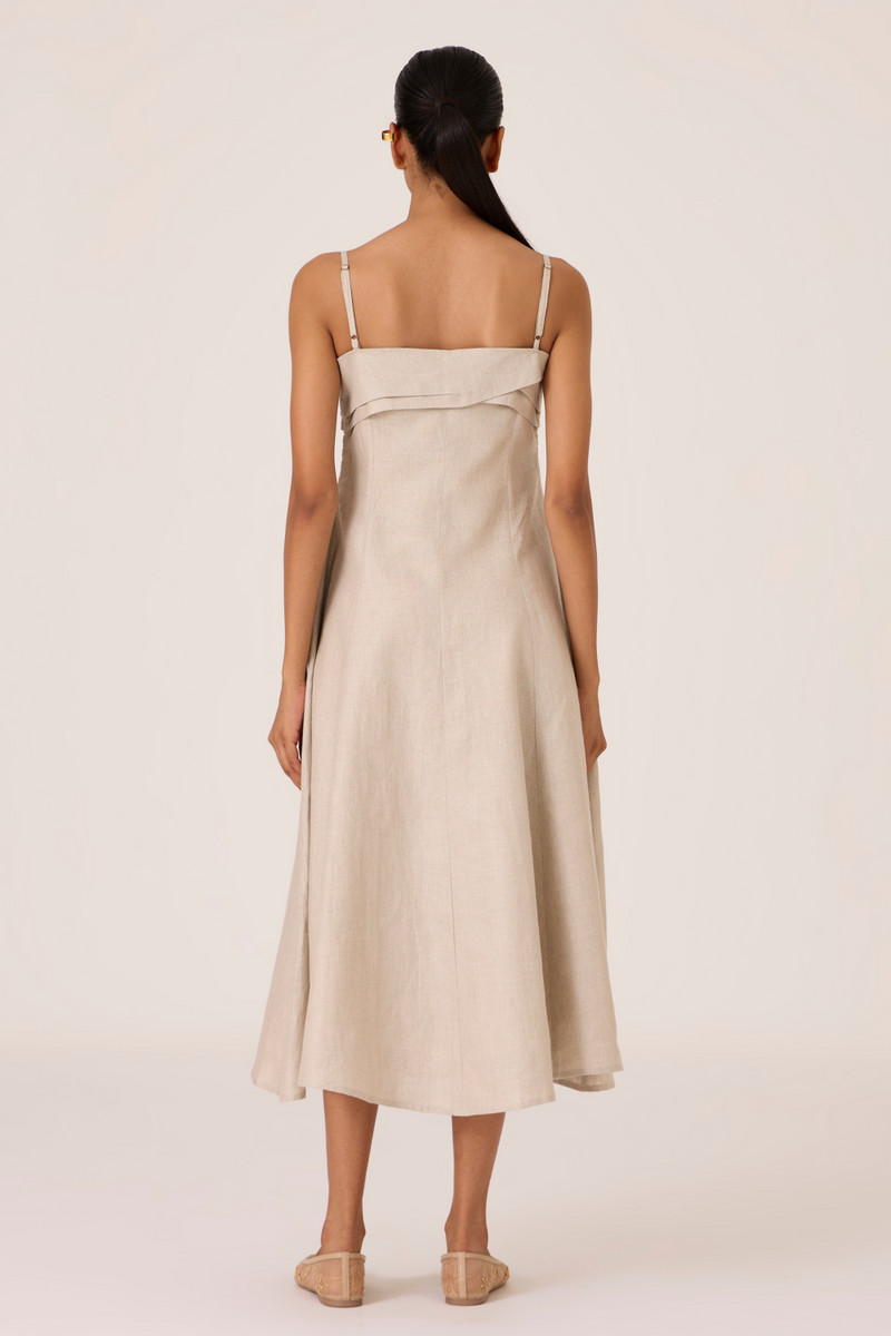 Azzah Beige Strappy Midi Dress linen by The Summer House for women in Singapore