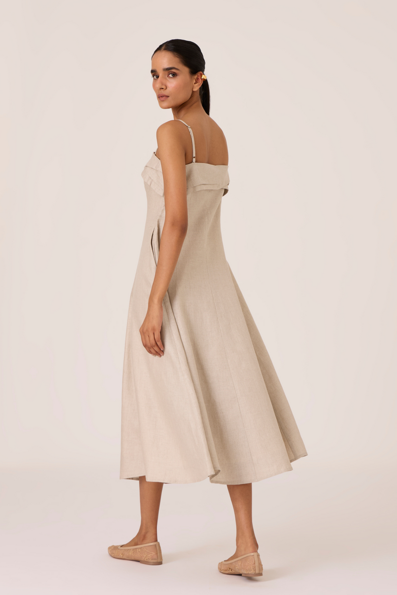 Azzah Beige Strappy Midi Dress linen by The Summer House for women in Singapore