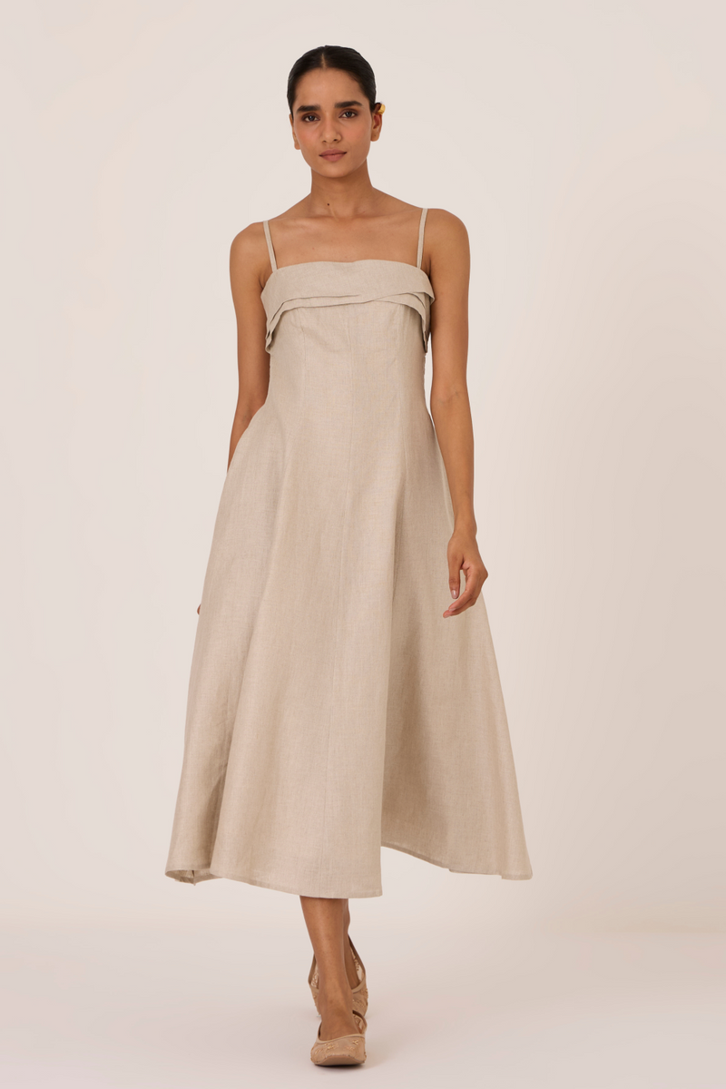 Azzah Beige Strappy Midi Dress linen by The Summer House for women in Singapore