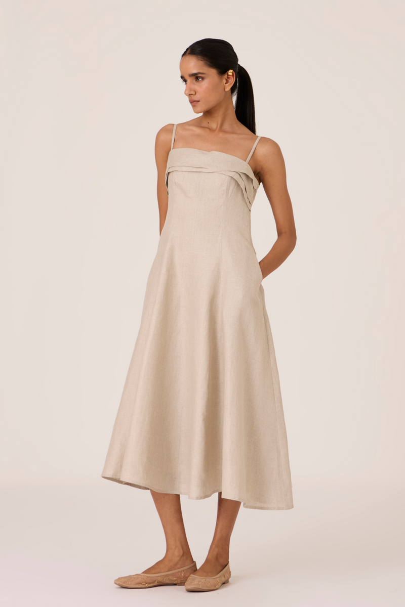 Azzah Beige Strappy Midi Dress linen by The Summer House for women in Singapore