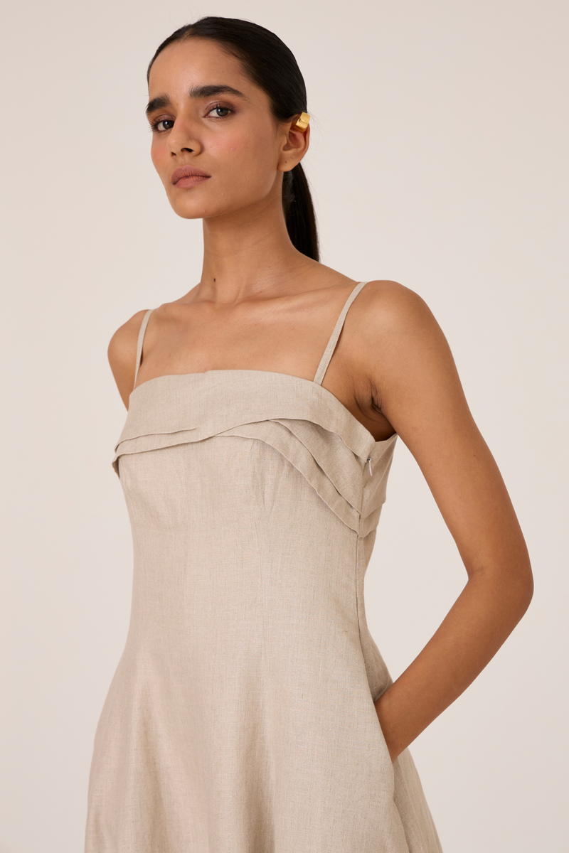 Azzah Beige Strappy Midi Dress linen by The Summer House for women in Singapore