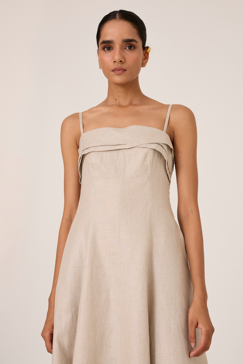 Azzah Beige Strappy Midi Dress linen by The Summer House for women in Singapore